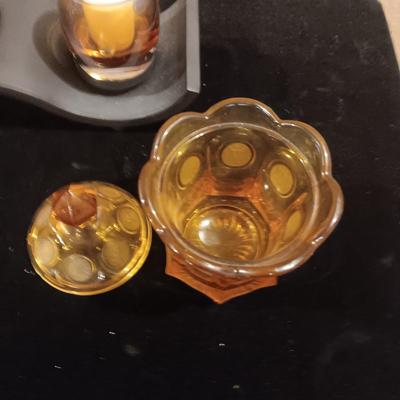 METAL WAVE VOTIVE CENTERPIECE AND AMBER FOSTORIA COIN GLASS DISH W/LID