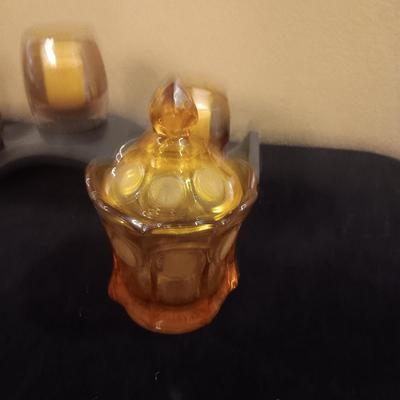 METAL WAVE VOTIVE CENTERPIECE AND AMBER FOSTORIA COIN GLASS DISH W/LID
