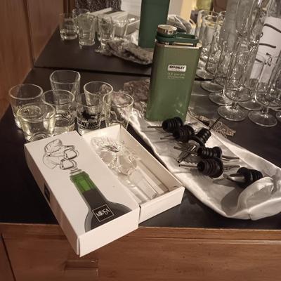 STANLEY FLASK, SHOT GLASSES, MIKASA GLASS STOPPER AND MORE