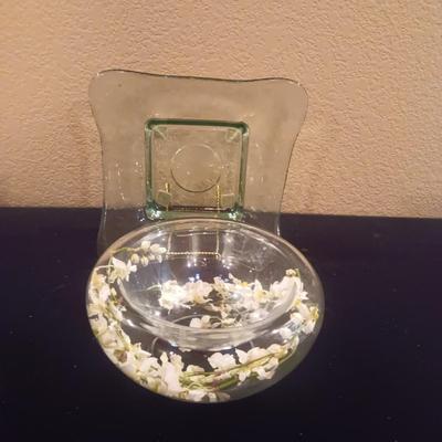 GREEN GLASS SERVING DISH AND HANDMADE IN POLAND BOWL