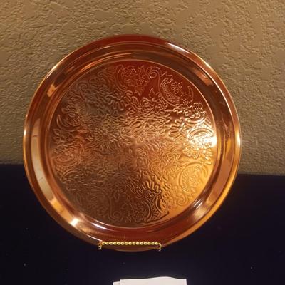 COPPER SERVING TRAY AND WALTHER GLASS RELISH DISH