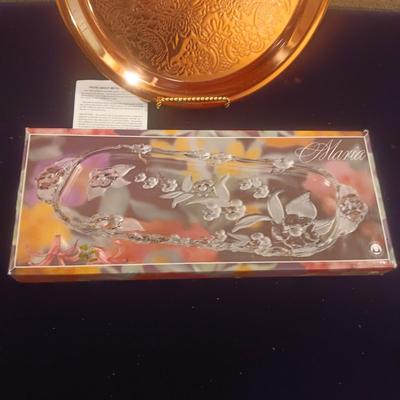 COPPER SERVING TRAY AND WALTHER GLASS RELISH DISH