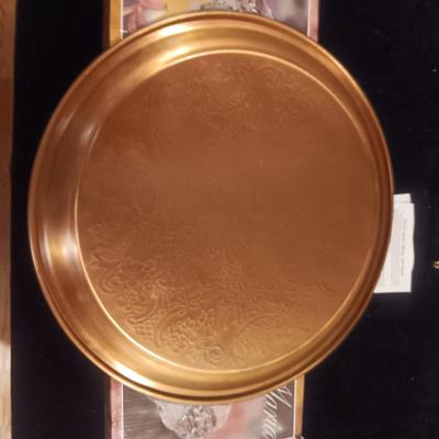 COPPER SERVING TRAY AND WALTHER GLASS RELISH DISH