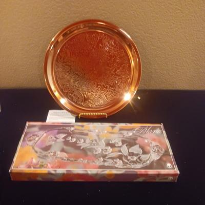 COPPER SERVING TRAY AND WALTHER GLASS RELISH DISH