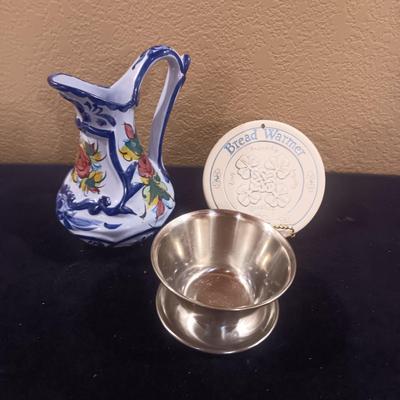 FLORAL PITCHER MADE IN PORTUGAL, BREAD WARMER AND CONDIMENT DISH