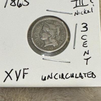 1865 About Uncirculated 1865 Nickel Three Cent Piece, Sharp specimen.