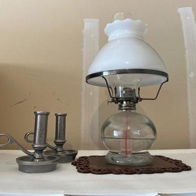 Oil lamp and two candle transporter/candleholders