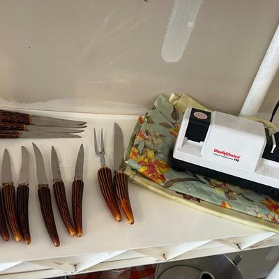 Antler steak knives with serving pork And chef choice, knife sharpener