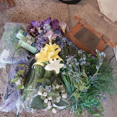 WOODEN STEP STOOL AND FAUX FLOWERS