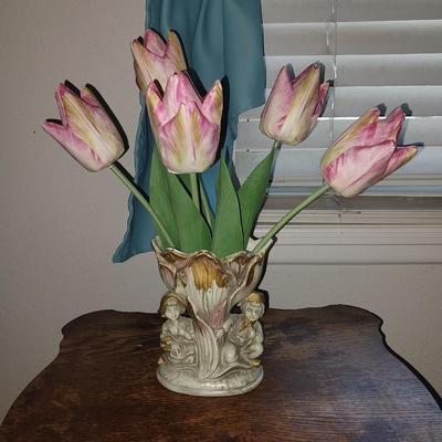 WOODEN PLANT STAND AND VASE WITH TULIPS