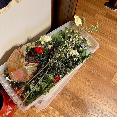 Tub of artificial flowers