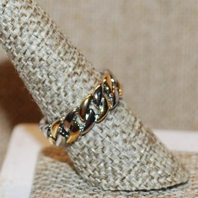 Size 7¼ Two Tone Gold & Silver Chain Link Style Ring (4.7g)