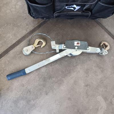 HUSKY TOOL BAG ON WHEELS AND A COME ALONG