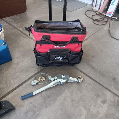 HUSKY TOOL BAG ON WHEELS AND A COME ALONG
