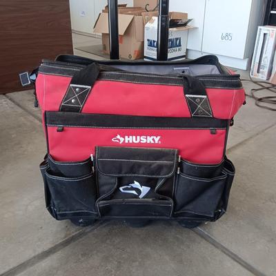 HUSKY TOOL BAG ON WHEELS AND A COME ALONG