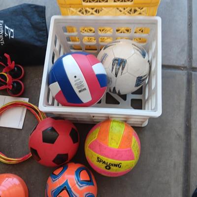 SPORTS BALLS, YARD RING TOSS AND 2 MILK CRATES