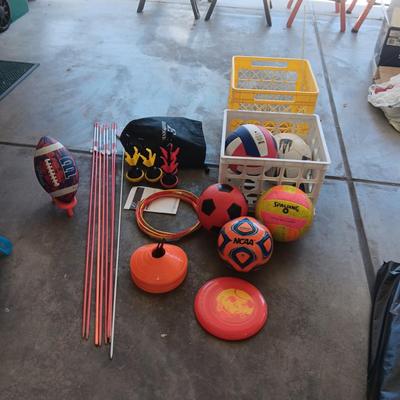SPORTS BALLS, YARD RING TOSS AND 2 MILK CRATES