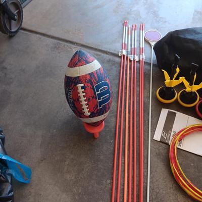 SPORTS BALLS, YARD RING TOSS AND 2 MILK CRATES