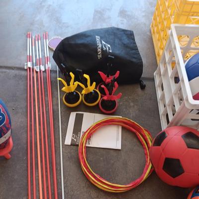 SPORTS BALLS, YARD RING TOSS AND 2 MILK CRATES