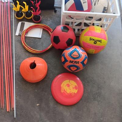 SPORTS BALLS, YARD RING TOSS AND 2 MILK CRATES