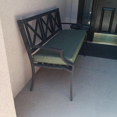 METAL BENCH WITH CUSHION AND FOLDING MESH TABLE