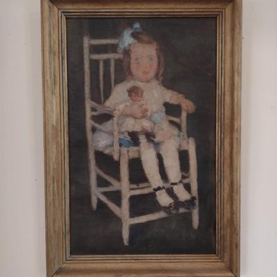 Framed Original Painting of Little Girl with Doll in Chair