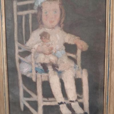Framed Original Painting of Little Girl with Doll in Chair