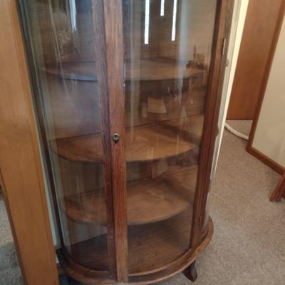 Vintage Oak Bowfront Curio Cabinet with Wood Shelves (No Contents)
