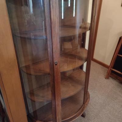 Vintage Oak Bowfront Curio Cabinet with Wood Shelves (No Contents)