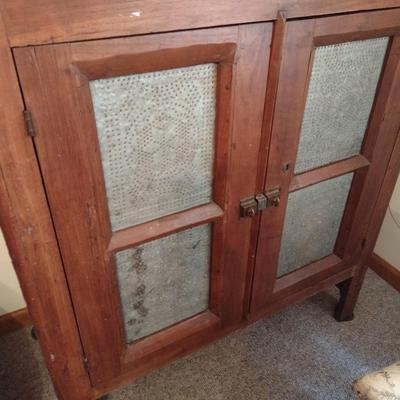 Antique Solid Wood Double Door Pie Safe with Punched Tin Panels