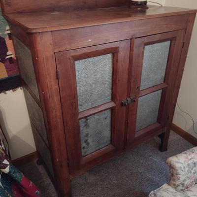 Antique Solid Wood Double Door Pie Safe with Punched Tin Panels