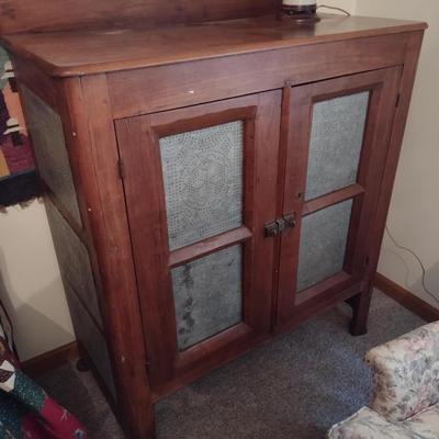 Antique Solid Wood Double Door Pie Safe with Punched Tin Panels