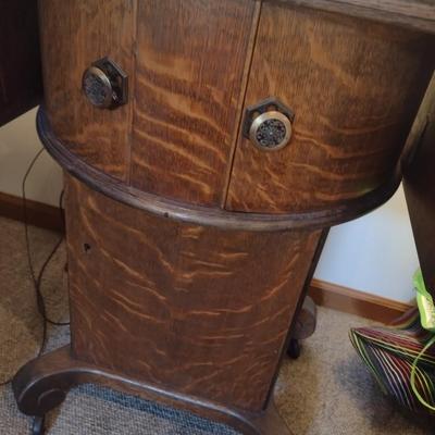 Antique Flame Mahogany Empire Drop Leaf Side Table Drum on Pedestal Design