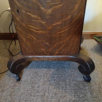 Antique Flame Mahogany Empire Drop Leaf Side Table Drum on Pedestal Design