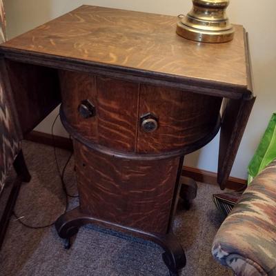 Antique Flame Mahogany Empire Drop Leaf Side Table Drum on Pedestal Design
