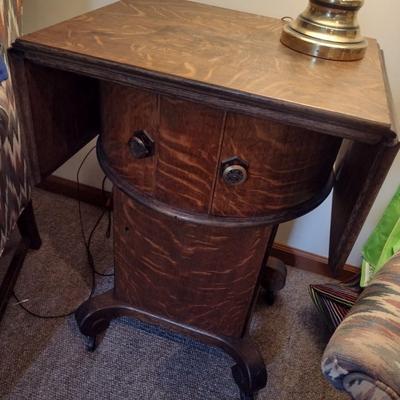 Antique Flame Mahogany Empire Drop Leaf Side Table Drum on Pedestal Design