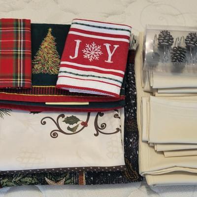 CHRISTMAS THROW, TABLECLOTH W/NAPKINS, TABLE RUNNER & PINECONE NAPKIN RINGS & TOWELS