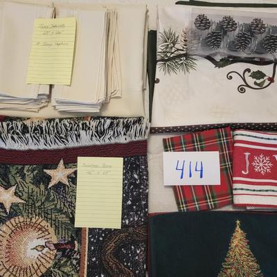 CHRISTMAS THROW, TABLECLOTH W/NAPKINS, TABLE RUNNER & PINECONE NAPKIN RINGS & TOWELS