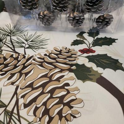 CHRISTMAS THROW, TABLECLOTH W/NAPKINS, TABLE RUNNER & PINECONE NAPKIN RINGS & TOWELS