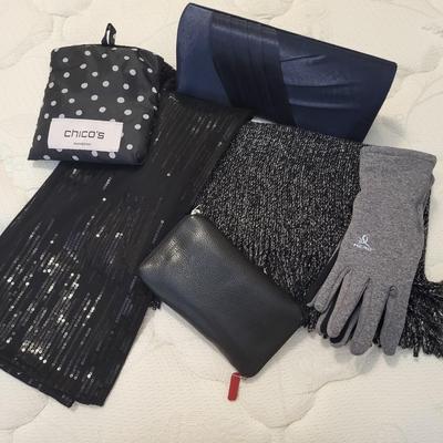 CLUTCH PURSE, DRESS SCARVES, GLOVES, WALLET AND CHICO'S SHOPPING BAG