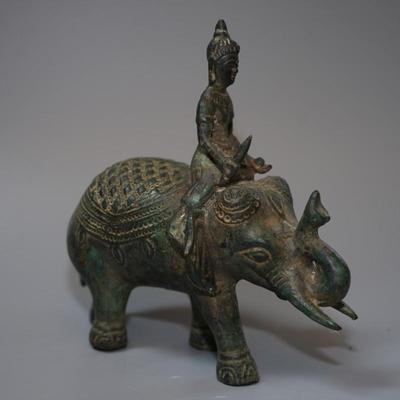BURMESE FIGURE RIDING ELEPHANT BRONZE 7"