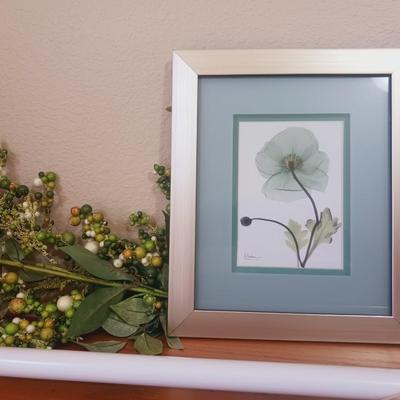 DRIED FLOWERS, FRAMED FLORAL PICTURE, SHOWER CURTAIN RINGS AND CURTAIN ROD