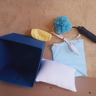 CLOTH BASKET, HEATING PAD, SMALL PILLOW, UMBRELLA AND MORE