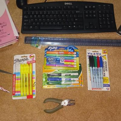 DELL KEYBOARD, RCA VOICE RECORDER, MARKERS, INDEX BOX AND MORE
