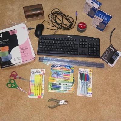 DELL KEYBOARD, RCA VOICE RECORDER, MARKERS, INDEX BOX AND MORE