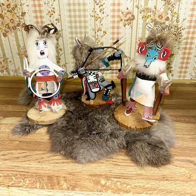 15 LOT 3 KACHINA DOLLS GRAY WOLF HOOP DANCER BEAR Rabbit Fur