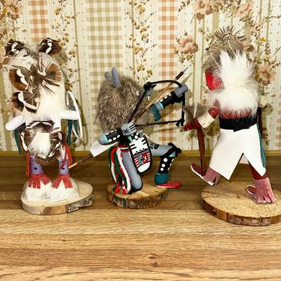 15 LOT 3 KACHINA DOLLS GRAY WOLF HOOP DANCER BEAR Rabbit Fur