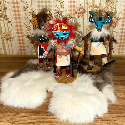 16 LOT 3 KACHINA DOLLS SHALKO SUN AND OWL 7" RABBIT FUR