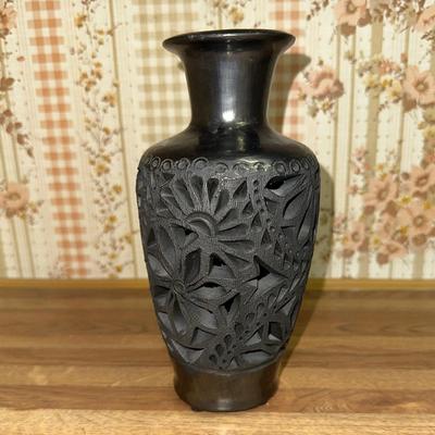 21 DONA ROSA OAXACA BLACK POTTERY VASE 8" PIERCED FLOWER DESIGN