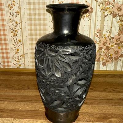 21 DONA ROSA OAXACA BLACK POTTERY VASE 8" PIERCED FLOWER DESIGN